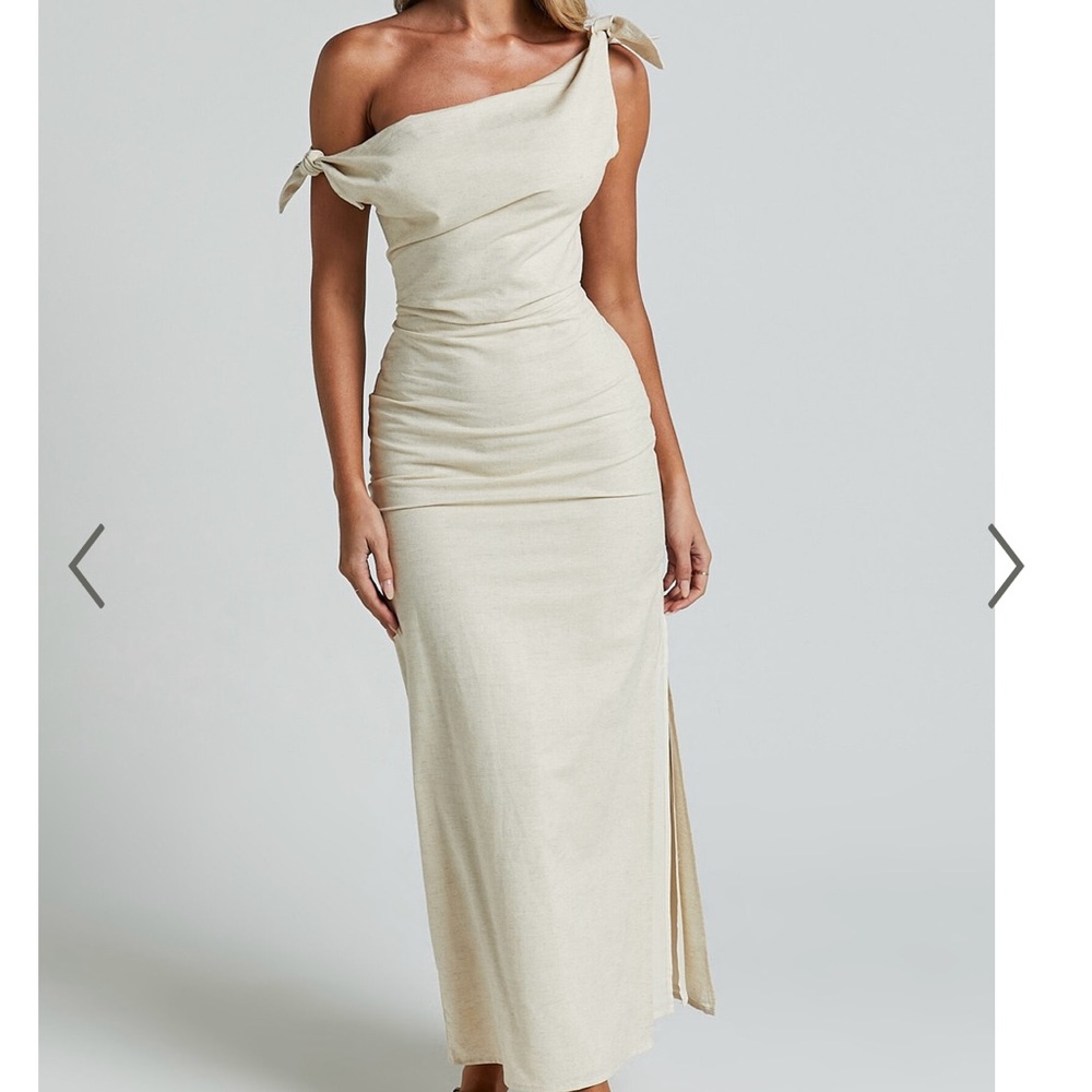 Showpo Cream Asymmetrical Ruched Gown - Picture 2 of 6